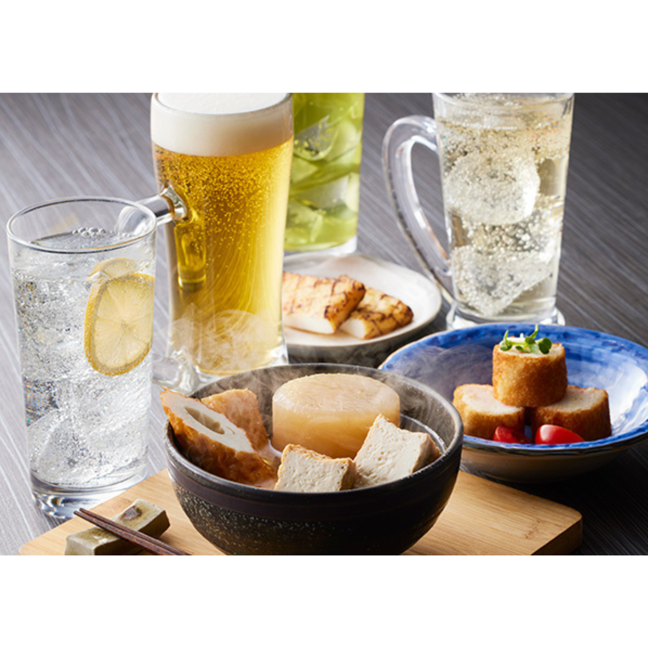 豆ちくわ・えだ豆・おでん2種 ＋ 生ビール or ハイボール or ソフトドリンク　1,200円